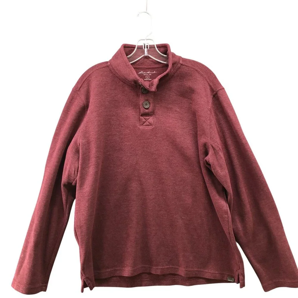 Eddie Bauer Mock Neck Sweatshirt Mens L 1/4 Button‎ Burgundy Wine Pullover
